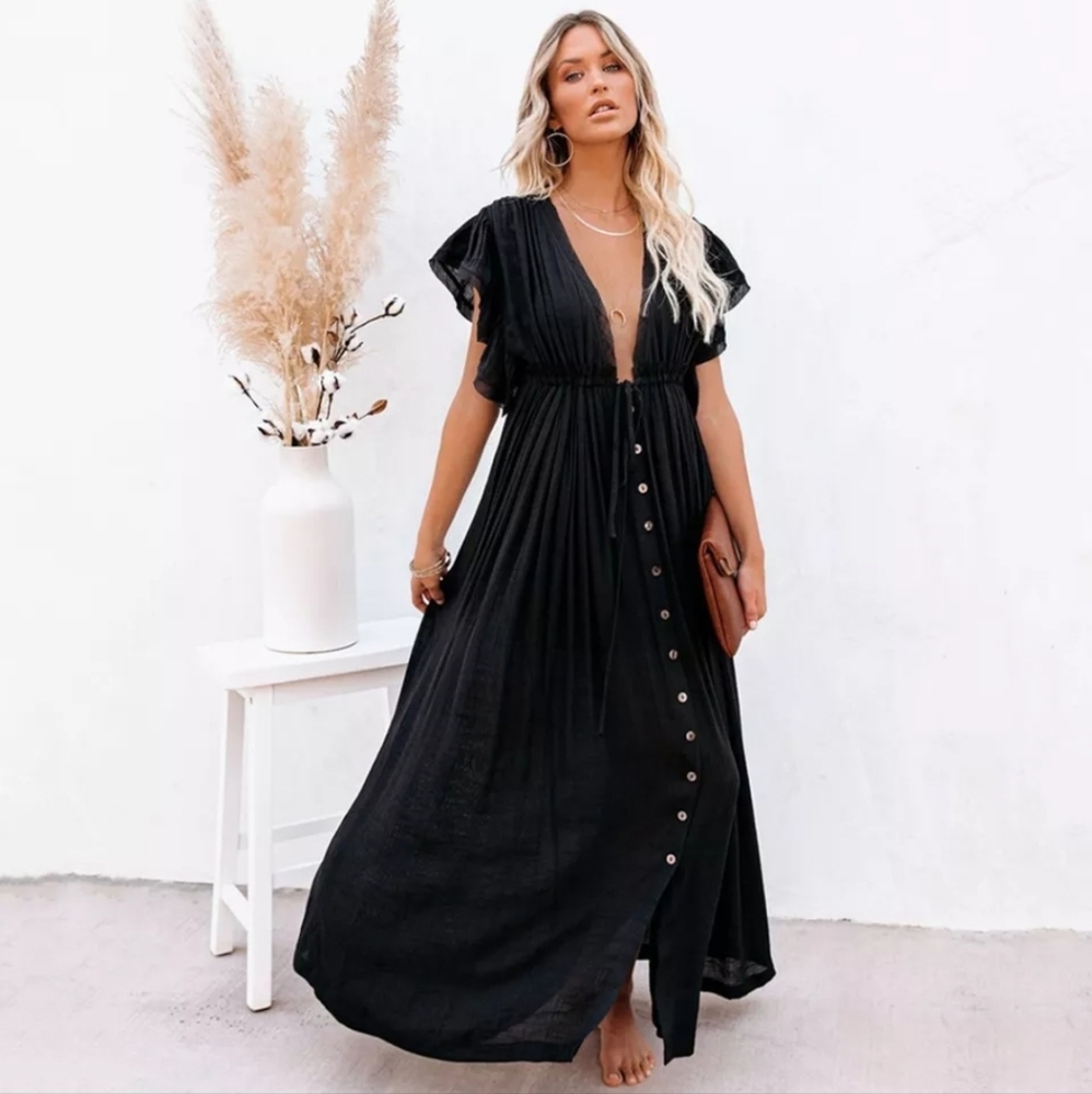 New Sexy Plunge Maxi Dress Sheer Gauze Cover Up Summer Black - Picture 4 of 10